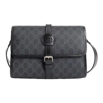 GUCCI Canvas With Leather Messenger Bag Shoulder Bag Crossbody Bag Medium Size Men's Black