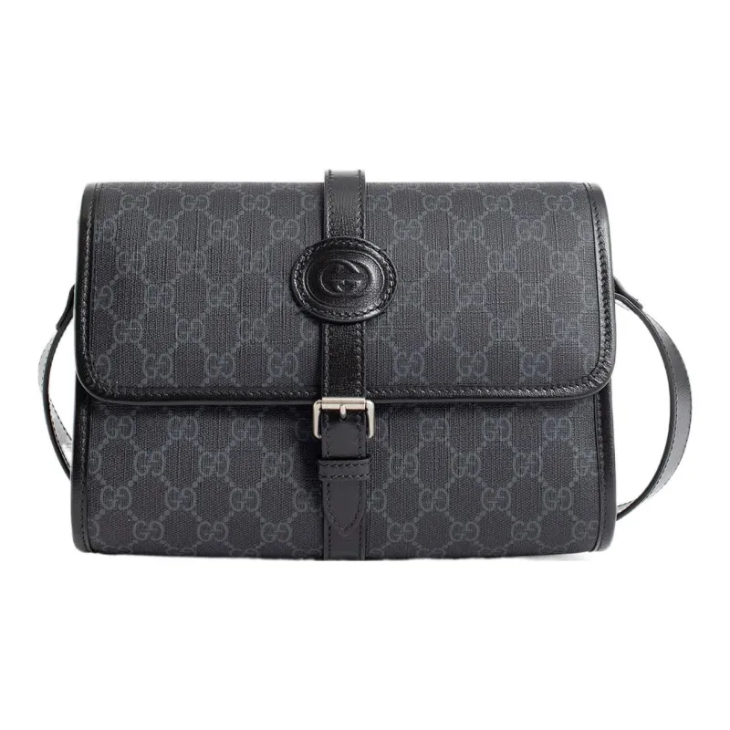 GUCCI Canvas With Leather Messenger Bag Shoulder Bag Crossbody Bag Medium Size Men's Black-0