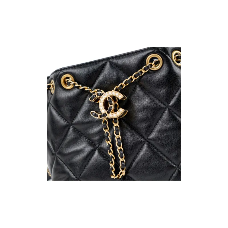 CHANEL Sheepskin Bucket Bag, Makeup Bag, Shoulder Bag, Crossbody Bag Women's Black-3