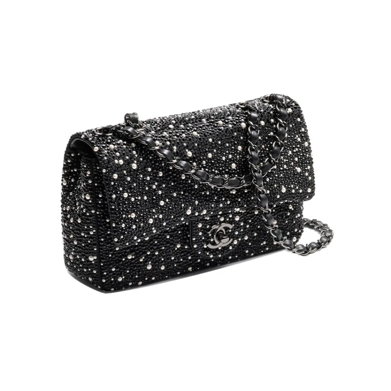 CHANEL Rhinestone Crystal Pearl Evening Bag, Crossbody Bag, Shoulder Bag Women's Black-1