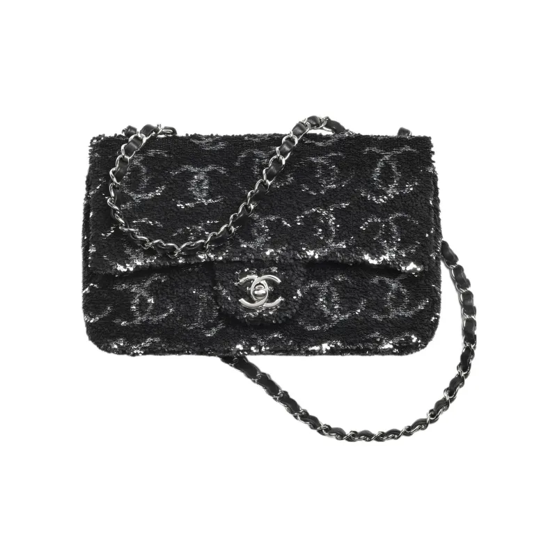 CHANEL Sequins Evening Bag, Shoulder Bag, Crossbody Bag Women's Black/Silver-0