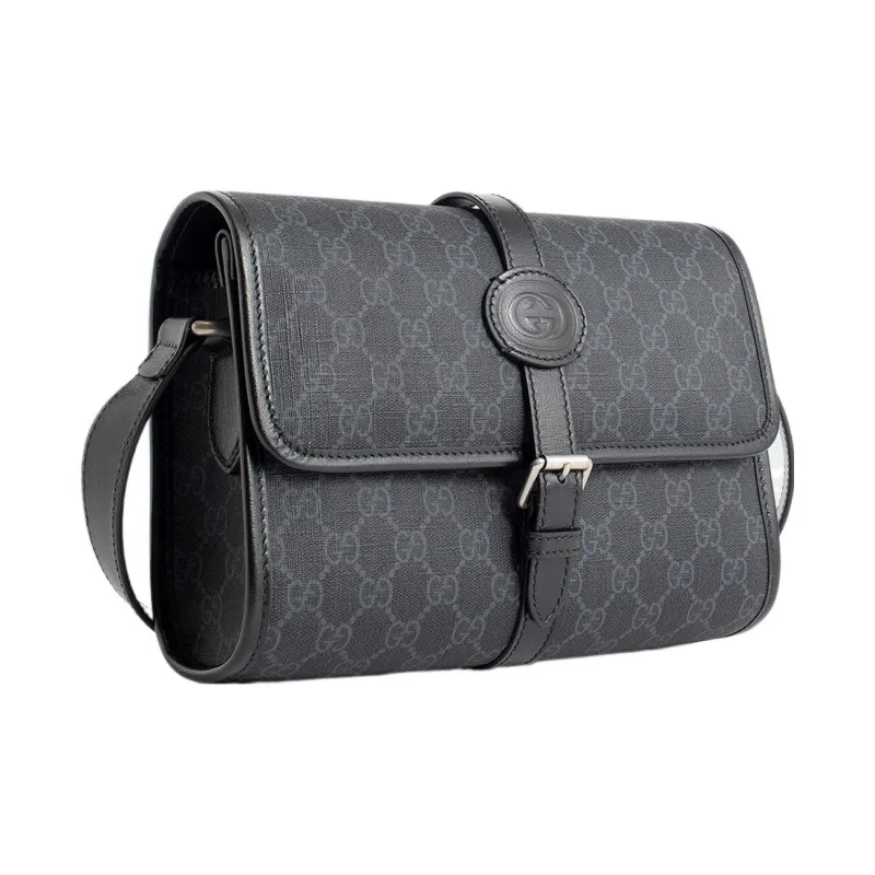 GUCCI Canvas With Leather Messenger Bag Shoulder Bag Crossbody Bag Medium Size Men's Black-1