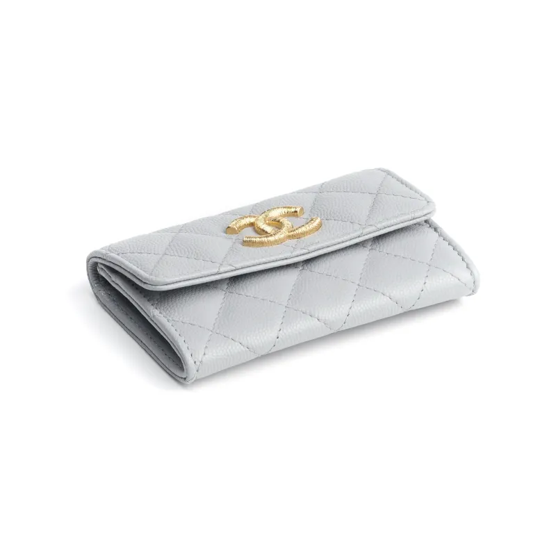CHANEL Grain Embossed Calfskin Card Holder Women's Gray-1