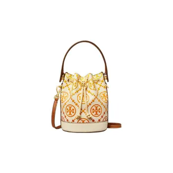 TORY BURCH Leather Bucket Bags Shoulder Bag Crossbody Bag Handbag Mini Women's Ivory & Orange