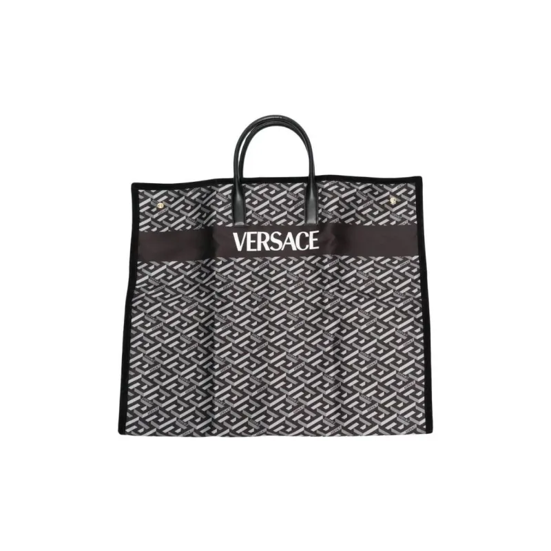 VERSACE La Greca Cotton Tote Bag Shopping Bag Cotton Handbag Large Size Men's Black And Gray-1