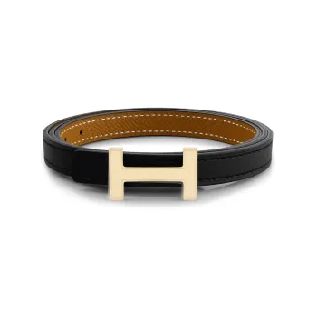 HERMES Focus Laiton Plaqué/Rose Gold Buckle Epson Calfskin Double Sided Leather Belt Women's Black/Camel Width 1.3cm