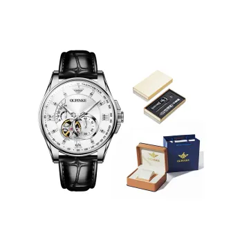 Oupinke Gaias Collection Cut Out Fly Reel Mechanical Movement Leather Strap Watch Men's Watches White Dial