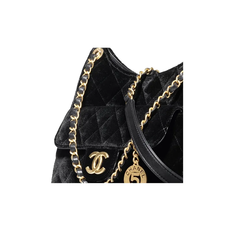 CHANEL HOBO Velour And Metal Hobo Bag, Shoulder Bag, Crossbody Bag Women's Black-3