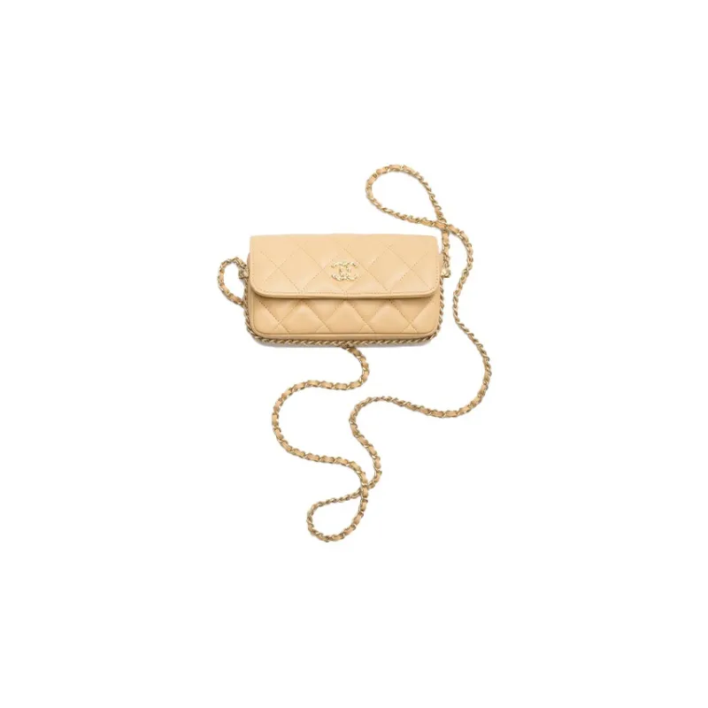 CHANEL Lambskin Cell Phone Pouch, Shoulder Bag, Crossbody Bag Regular Women's Yellow-0