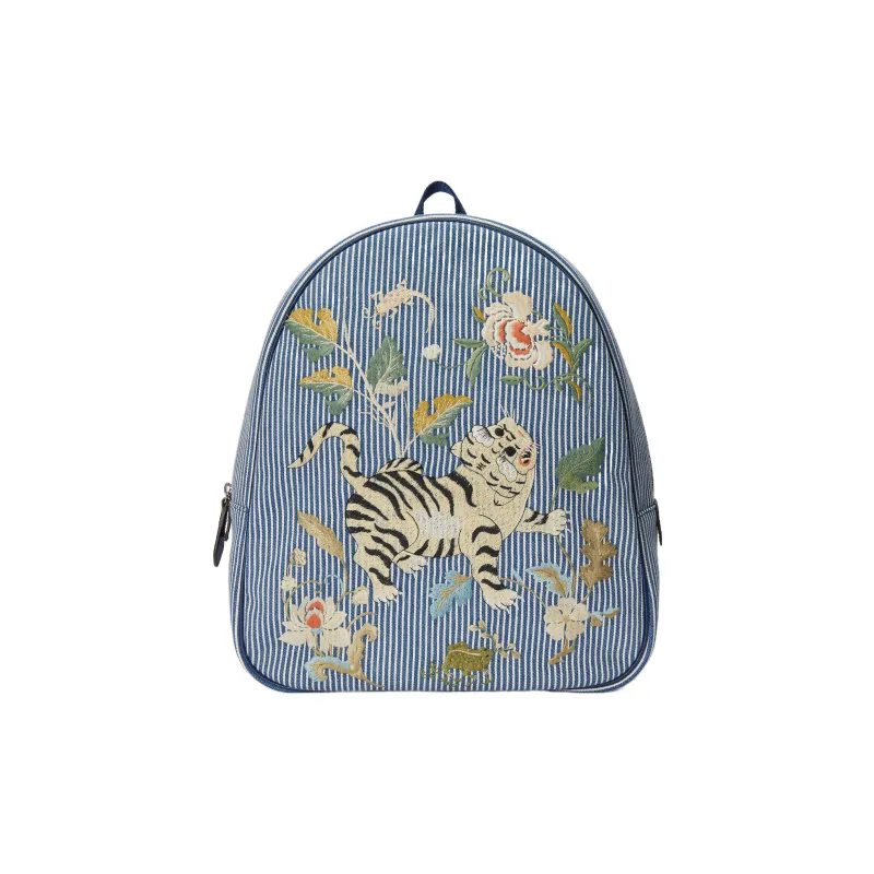 GUCCI Cotton Fabric With Brocade And Leather Backpack Kids' Blue & Ivory White-0