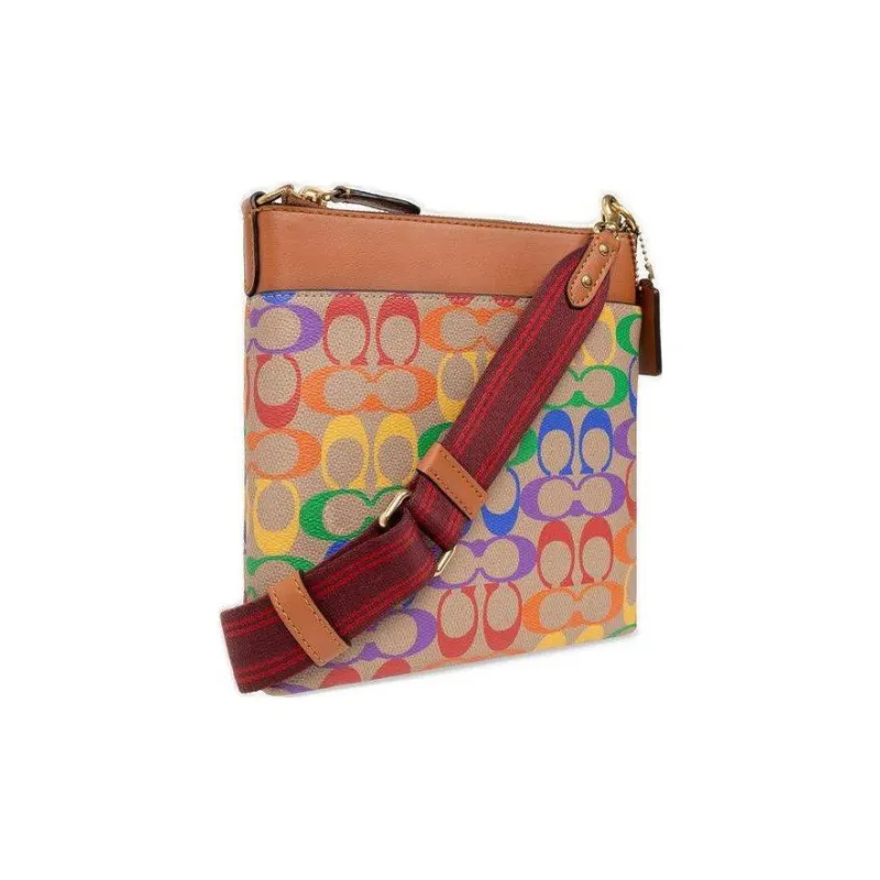 COACH Kitt Canvas With Leather Messenger Bag Shoulder Bag Crossbody Bag Women's Brown & Rainbow-3
