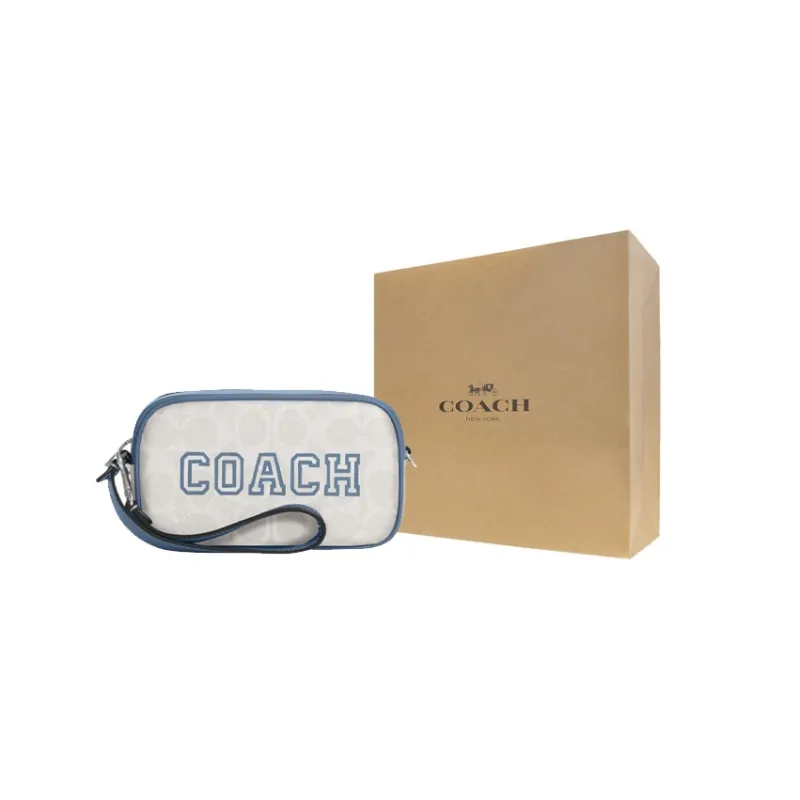 COACH Jamie Artificial Leather Wrist Bag Clutch Handbag Small Size Women's Chalk White & Indigo-5