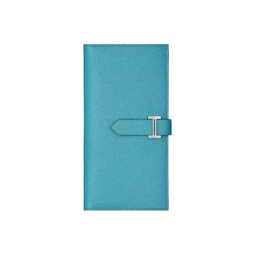 HERMES Bearn Epsom Leather Wallet Women's Northern Blue/Heart Red