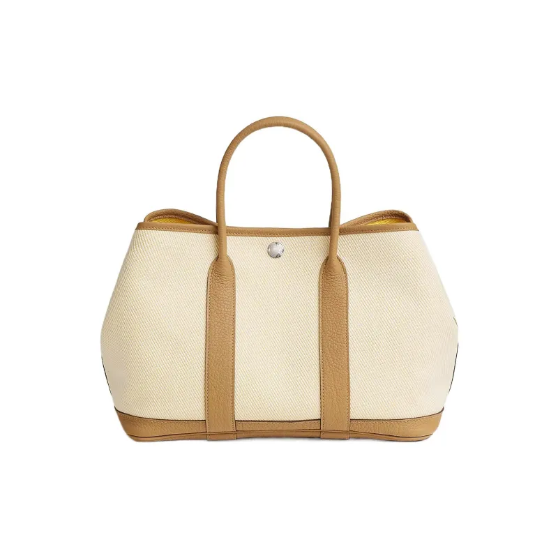HERMES Garden Party Officier Canvas With Negonda Calfskin Canvas Bag Handbags Unisex Light Beige/Naples Yellow/Cookie-0