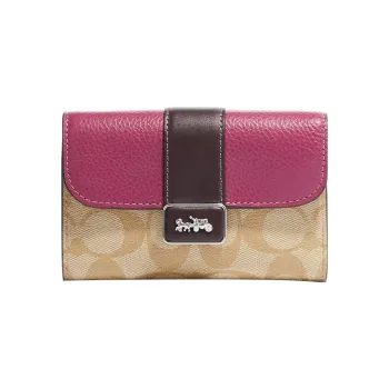 COACH Grace Canvas With Leather Coin Purses Wallets Medium Size Women's Brown & Rose Red
