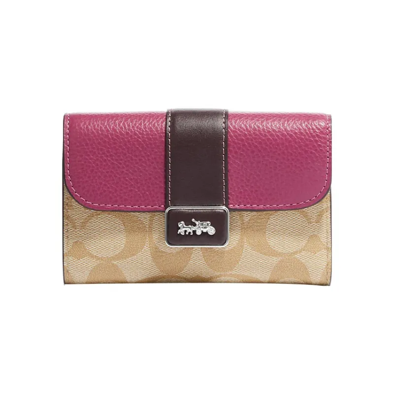 COACH Grace Canvas With Leather Coin Purses Wallets Medium Size Women's Brown & Rose Red-0