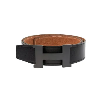 HERMES Togo Calfskin Double Sided Leather Belt Unisex Black/Gold Width  3.8cm