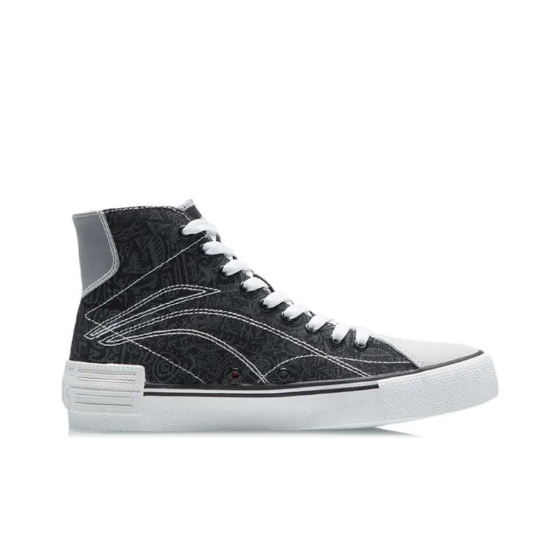 LiNing Wave Canvas Hi Lightweight Anti Slip High Top Skateboard Shoes Women's Black White-1