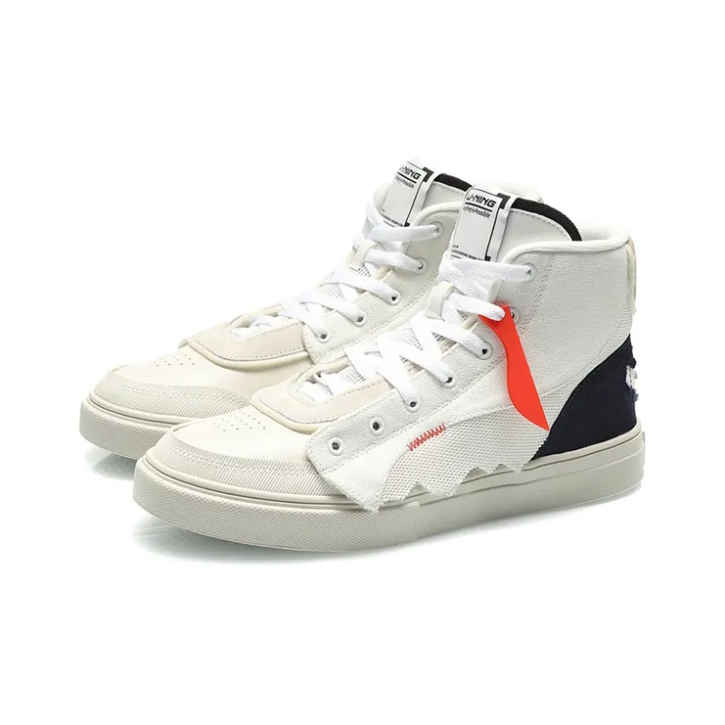 LiNing Abrasion Resistant Balance Breathable High Top Skateboard Shoes Men's White-2