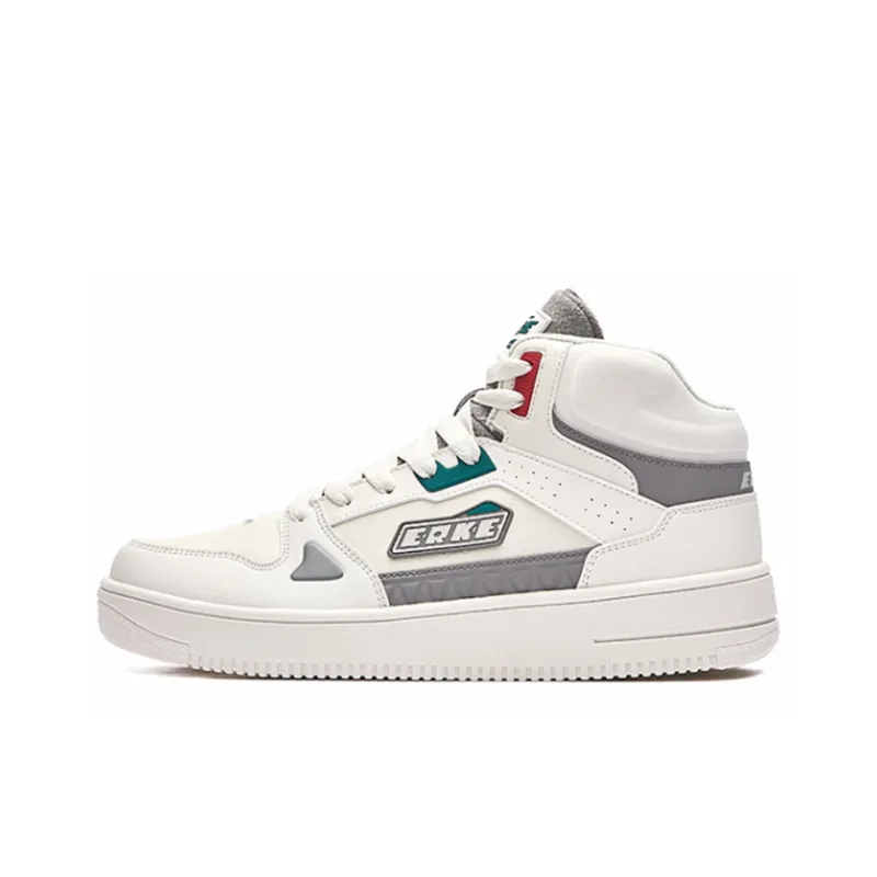 Erke Pact Slip Resistant Cushioning Wear Resistant High Top Skateboard Shoes Men's White Gray-0