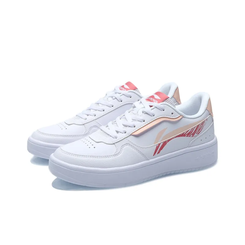 LiNing Slip Resistant Breathable Lightweight Balance Wear Resistant Low Top Skateboard Shoes Women's White Apricot Red-2