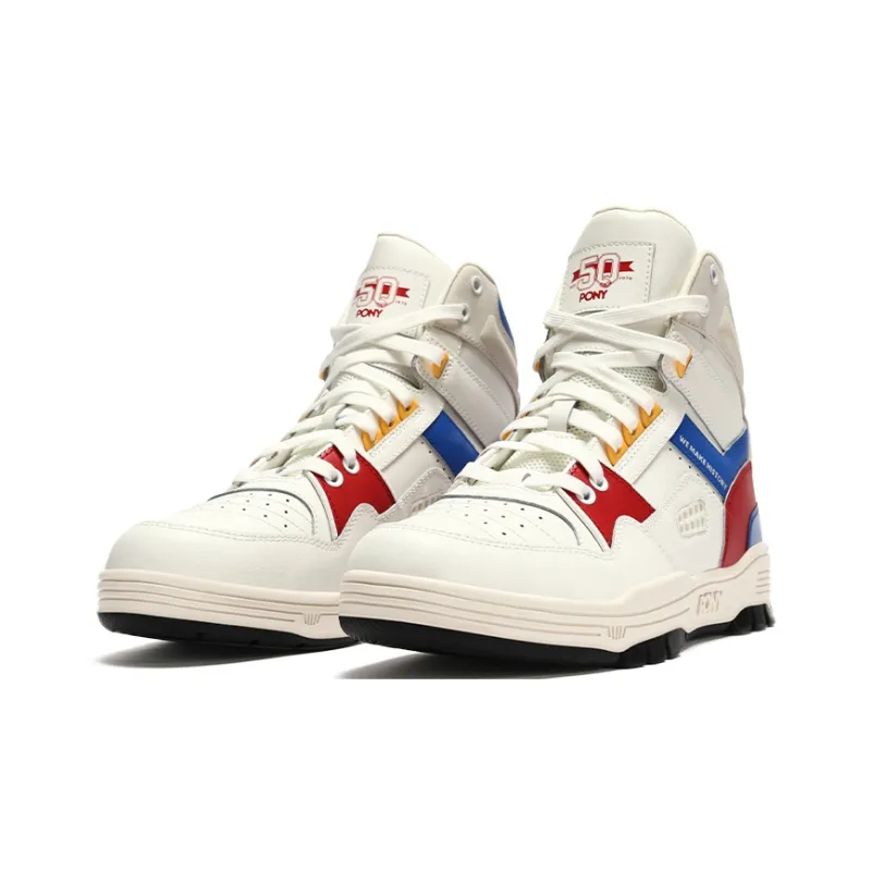 PONY M 100 Abrasion Resistant High Top Skateboard Shoes Unisex White Red-2