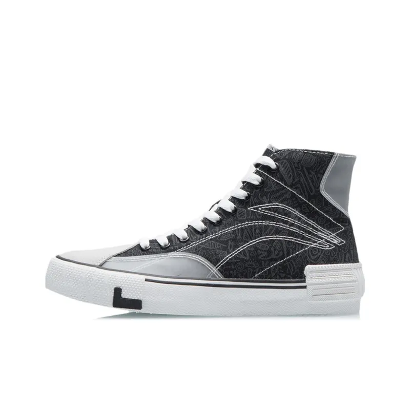 LiNing Wave Canvas Hi Lightweight Anti Slip High Top Skateboard Shoes Women's Black White-0