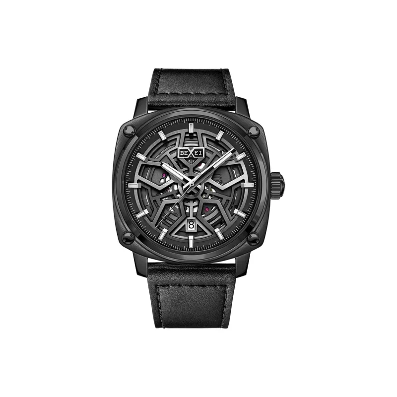 BEXEI Urban Road Mechanical Movement Genuine Leather Strap Watch Men's Watches Black Dial 9057-HKHM-1
