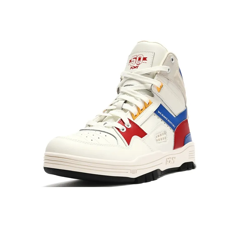 PONY M 100 Abrasion Resistant High Top Skateboard Shoes Unisex White Red-1
