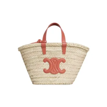 CELINE Triomphe Palm Leaf Cow Leather Patchwork Tote Bag Shopping Bag Basket Handbag Women's Red Brown/Natural