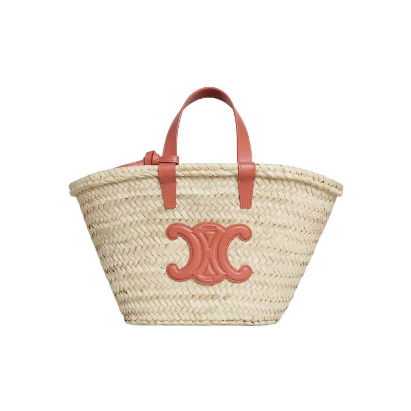 CELINE Triomphe Palm Leaf Cow Leather Patchwork Tote Bag Shopping Bag Basket Handbag Women's Red Brown/Natural-0