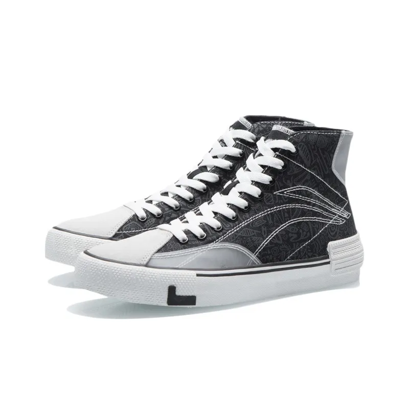 LiNing Wave Canvas Hi Lightweight Anti Slip High Top Skateboard Shoes Women's Black White-2