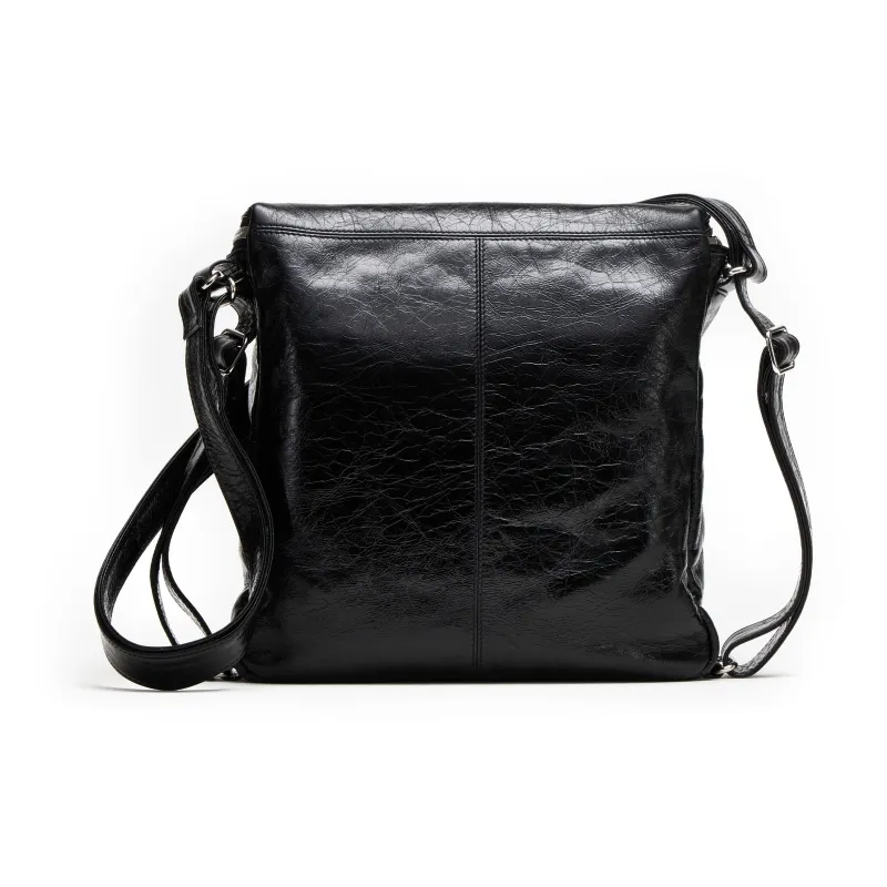 PECO Oil Wax Cow Leather Messenger Bag, Shoulder Bag, Crossbody Bag Unisex Black-3