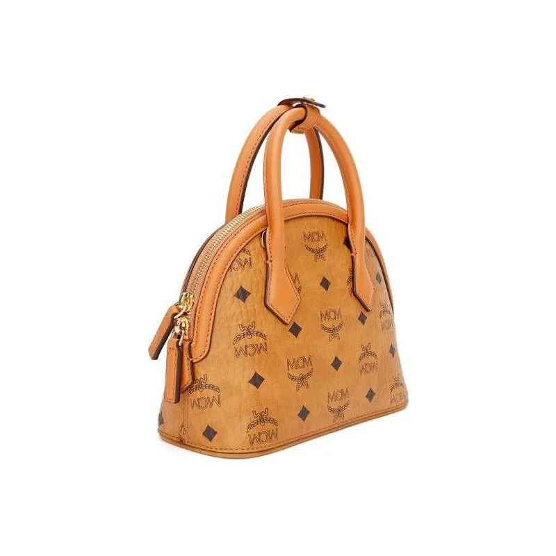 MCM Anna Visetos Cow Leather Dome Bag, Shoulder Bag, Crossbody Bag, Handbag Trumpets Women's Cognac Brown-2