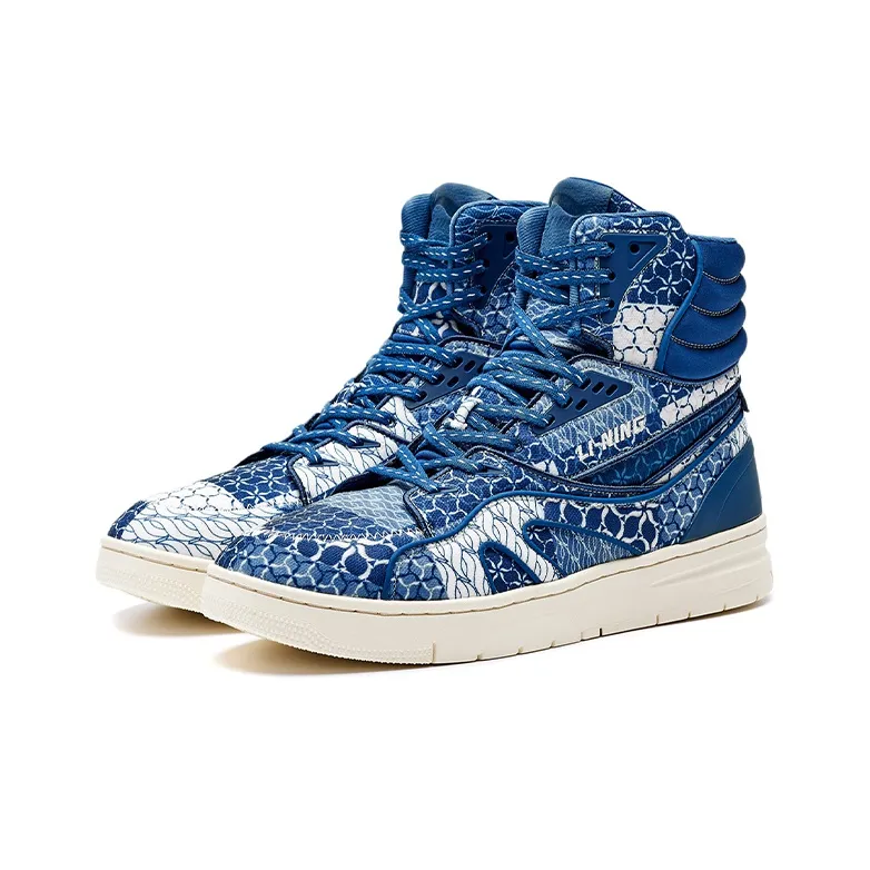 LI NING 1990 Coverage Wear Resistant High Top Skateboard Shoes Men's Strait Blue-2