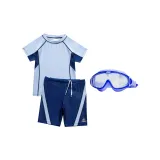 (Light Blue) Swimsuit+Swimming Shorts+Large Frame Swim Goggles