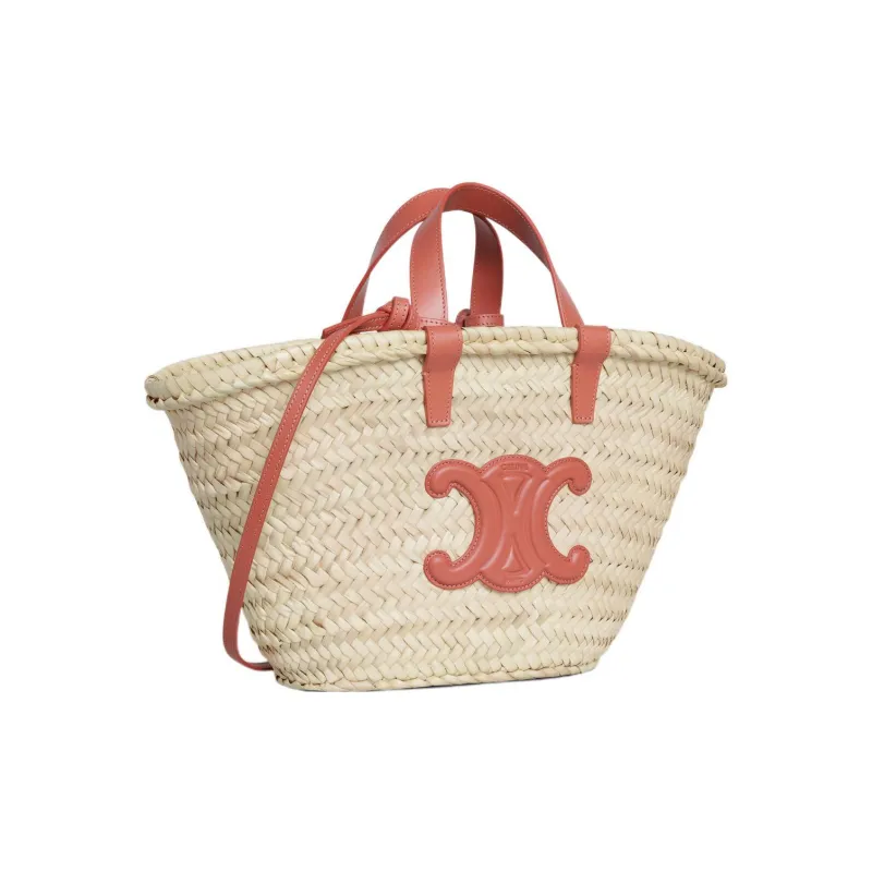 CELINE Triomphe Palm Leaf Cow Leather Patchwork Tote Bag Shopping Bag Basket Handbag Women's Red Brown/Natural-1