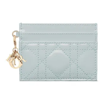 DIOR Lady Dior Patent Leather Calfskin Money Clip Card Holder Card Case Women's Blue