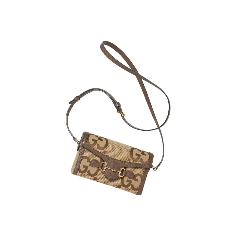 GUCCI Horsebit 1955 Canvas With Leather Binding Box Bag Shoulder Bag Crossbody Bag Mini Unisex Camel/Ebony-1