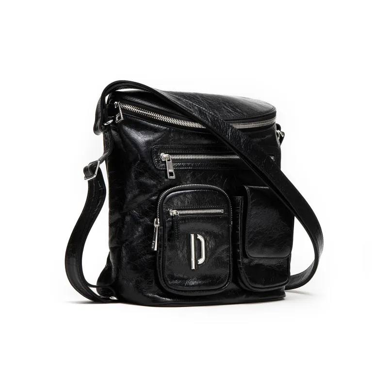 PECO Oil Wax Cow Leather Messenger Bag, Shoulder Bag, Crossbody Bag Unisex Black-4