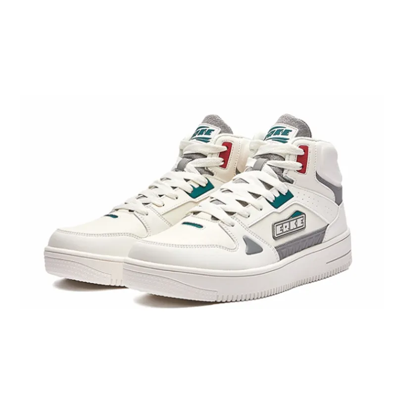 Erke Pact Slip Resistant Cushioning Wear Resistant High Top Skateboard Shoes Men's White Gray-1