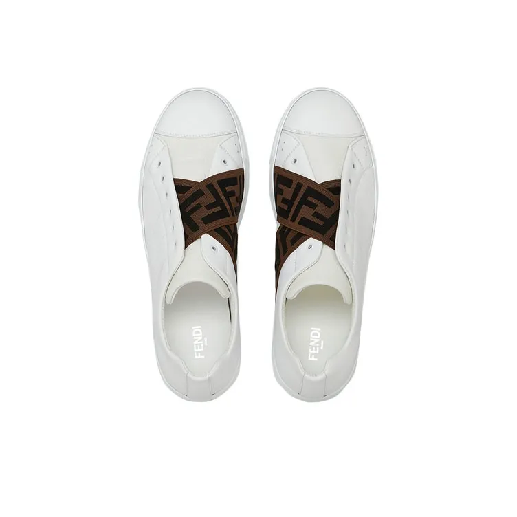 FENDI Leather Slip Ons White Brown-2