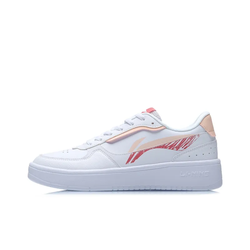 LiNing Slip Resistant Breathable Lightweight Balance Wear Resistant Low Top Skateboard Shoes Women's White Apricot Red-0