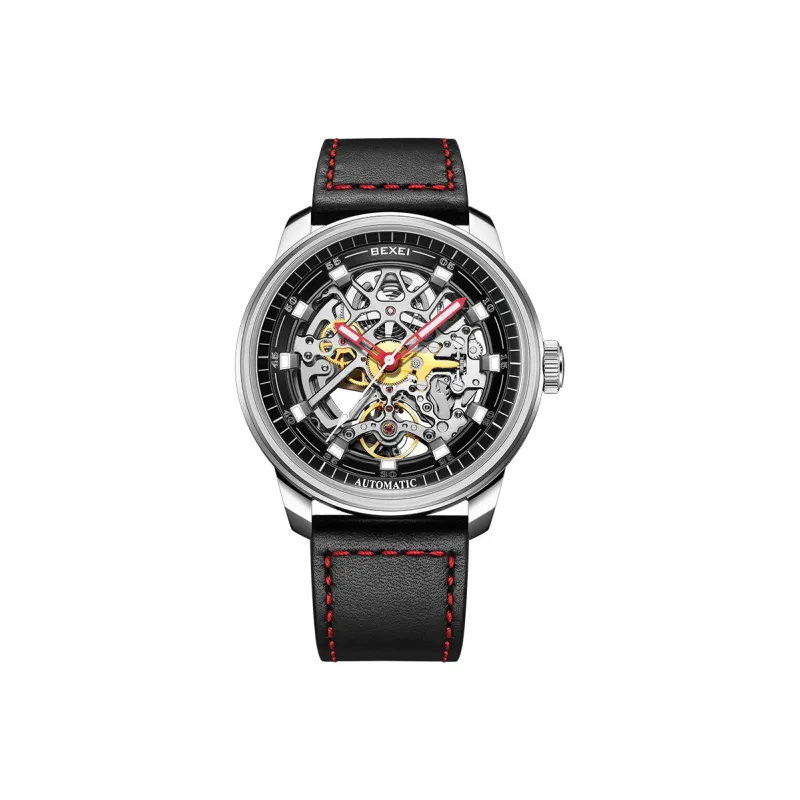 BEXEI Automatic Mechanical Movement Genuine Leather Strap Watch Men's Watches Cut-Out Dial 9109-LKYH-0