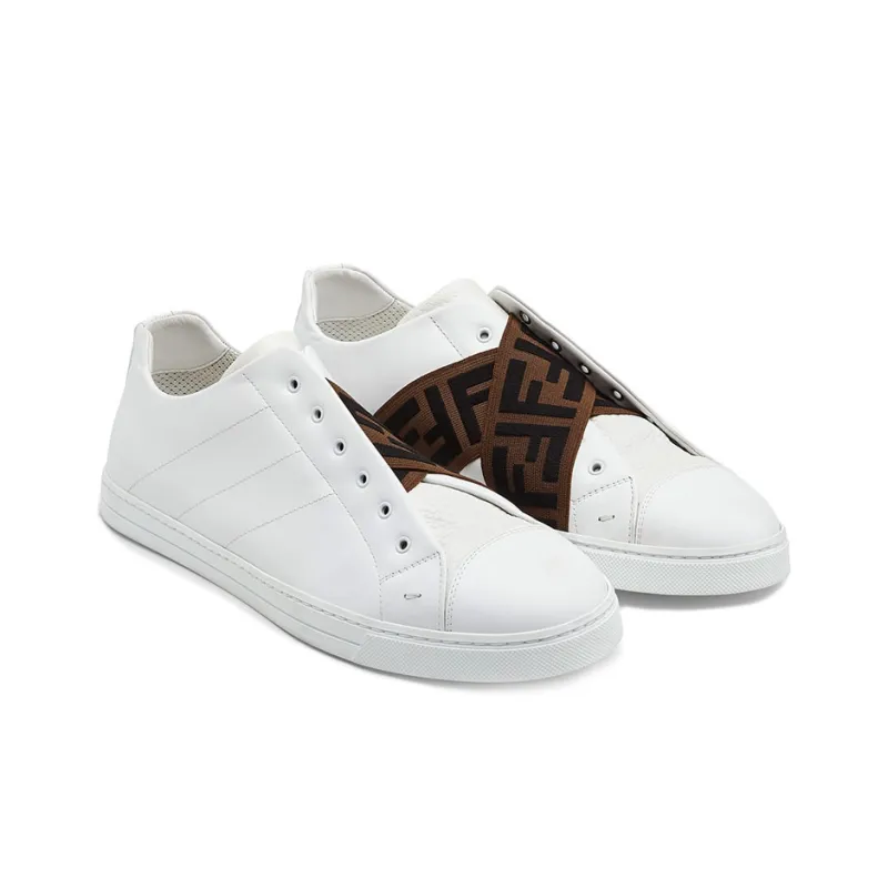 FENDI Leather Slip Ons White Brown-1