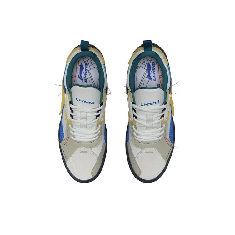 LiNing CF Structure Sequence Anti Slip Wear Resistant Low Top Skateboard Shoes Men's White Blue Yellow-3