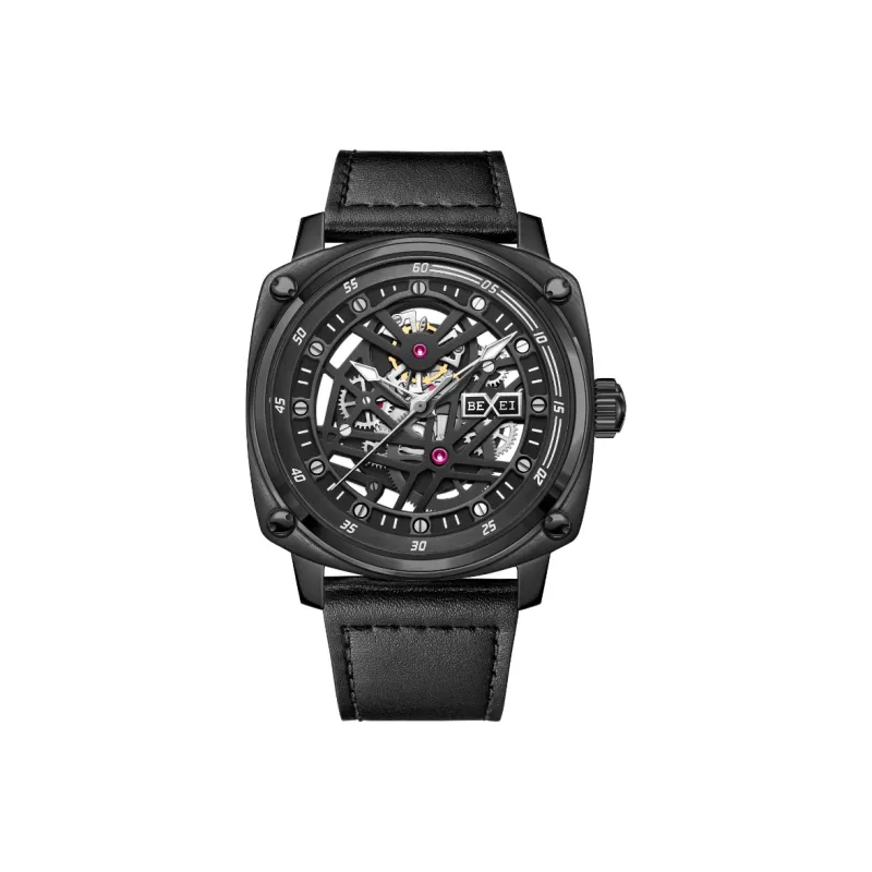 BEXEI Dresden Collection Mechanical Movement Genuine Leather Strap Watch Men's Watches Cut-Out Dial 9056-HKHM-1