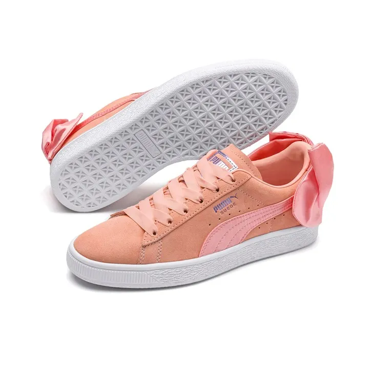 PUMA Suede Bow Low Top Skateboard Shoes Women's Peach Pink White-4