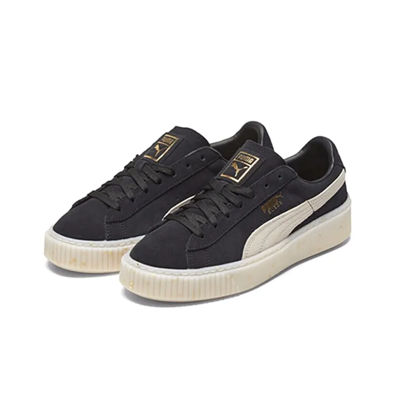 PUMA Suede Platform Black/White/Gold Board Shoes Women's-2