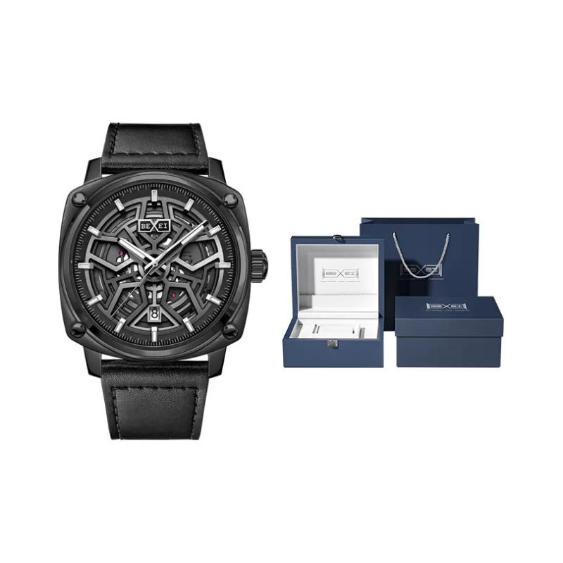 BEXEI Urban Road Mechanical Movement Genuine Leather Strap Watch Men's Watches Black Dial 9057-HKHM-0